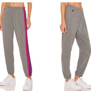 Aviator Nation 5 Stripe Sweatpant in Heather Grey & Pink Purple - Size Small